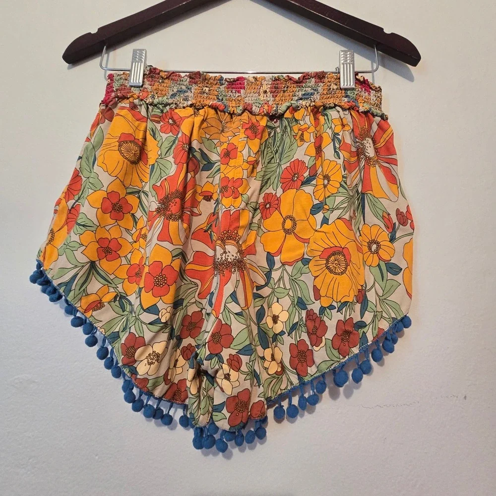 Natural Life Shorts Womens Large Orange Floral Pom Pom Trim Boho Festival Retro